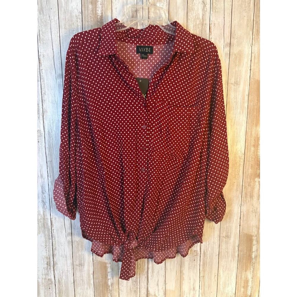 Vixbe Red Polka Dot Roll Tab Sleeve Blouse - Plus XXL‎ - NWT